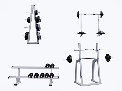 Sports Equipment Collection Featuring Dumbbell Rack Barbells Bench Press and Weight Plates 3d model