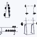 Sports Equipment Collection Featuring Dumbbell Rack Barbells Bench Press and Weight Plates