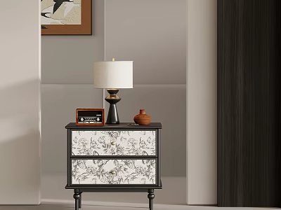 Modern Bedroom Nightstand With Patterned Drawers Vintage Radio Table Lamp And Decor 3d model