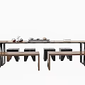 Modern Wooden Tea Table And Matching Stools With Tea Sets Placed On Top