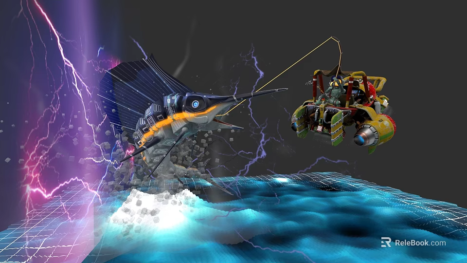 Dynamic Sailboat Navigating Stormy Ocean Waves With Lightning And Marlin 3d model 