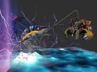 Dynamic Sailboat Navigating Stormy Ocean Waves With Lightning And Marlin 3d model