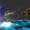 Dynamic Sailboat Navigating Stormy Ocean Waves With Lightning And Marlin