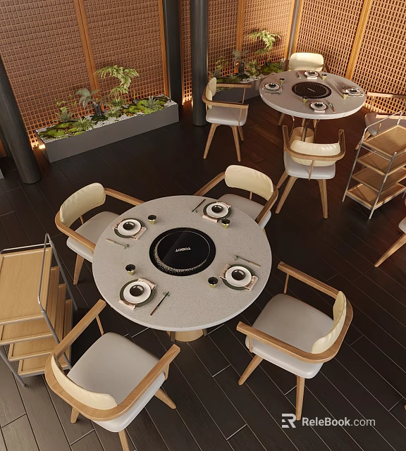 Modern Round Dining Table With Induction Cooker Light Colored Chairs Dark Wooden Floor And Green Plants 3d model 