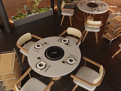 Modern Round Dining Table With Induction Cooker Light Colored Chairs Dark Wooden Floor And Green Plants 3d model