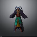 Man in Traditional Costume with Purple Robe Red Green Details and Decorative Headpiece