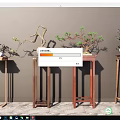 Four Wooden Plant Stands With Bonsai And Decorative Plants Against Gray Wall