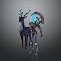 Ethereal Armored Character With Blue Crystal Head And Purple Deer With Blue Antlers