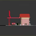 Gas Station Building With Red Exterior White Roof Fuel Pumps And Red Car
