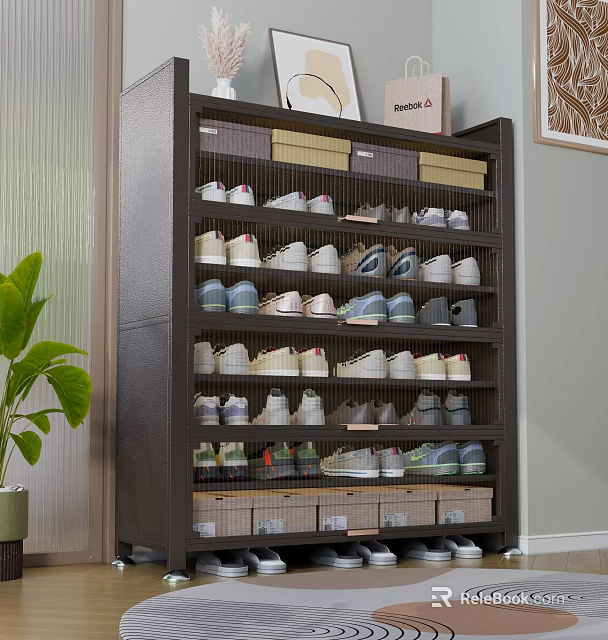 Dark Wood Shoe Cabinet With Multiple Shelves Holding Sneakers Casual Shoes And Storage Boxes 3d model 
