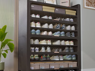 Dark Wood Shoe Cabinet With Multiple Shelves Holding Sneakers Casual Shoes And Storage Boxes 3d model