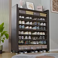 Dark Wood Shoe Cabinet With Multiple Shelves Holding Sneakers Casual Shoes And Storage Boxes