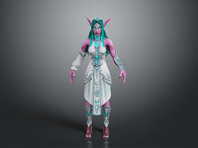 Mythical Game Movie Character With Teal Hair Pointed Ears And Ornate White Dress 3d model