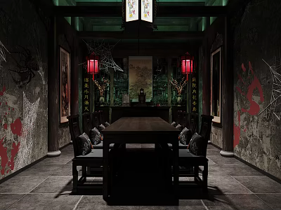 Traditional Chinese Hall Interior With Long Table Red Lanterns Hanging Painting And Gray Brick Walls 3d model