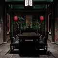 Traditional Chinese Hall Interior With Long Table Red Lanterns Hanging Painting And Gray Brick Walls