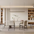 Modern Restaurant Interior With Dining Table Chairs Hanging Light And Display Shelves 3d model