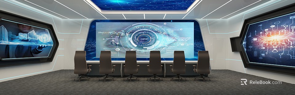 Monitoring Room With Large Display Screen Data Charts Blue Tech Ceiling And Black Office Chairs 3d model 