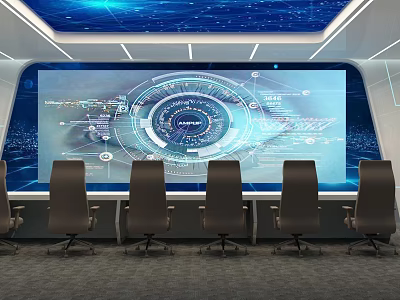Monitoring Room With Large Display Screen Data Charts Blue Tech Ceiling And Black Office Chairs 3d model