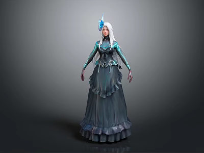 Elegant Fantasy Character with White Long Hair Blue Headdress and Layered Teal Dress 3d model