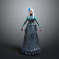Elegant Fantasy Character with White Long Hair Blue Headdress and Layered Teal Dress