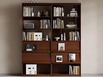 Dark Brown Bookcase With Shelves Filled With Books And Decorative Items 3d model