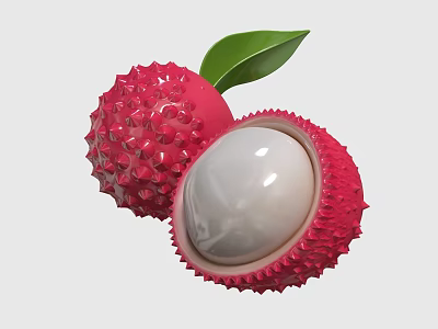 Fresh Ripe Lychee Fruit With Whole and Halved Sections Showing White Flesh and Green Leaf 3d model