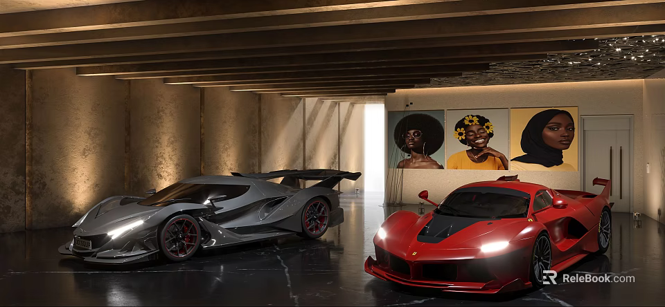 Parking Garage with Luxury Gray and Red Sports Cars Featuring Modern Lighting and Wall Portraits 3d model 