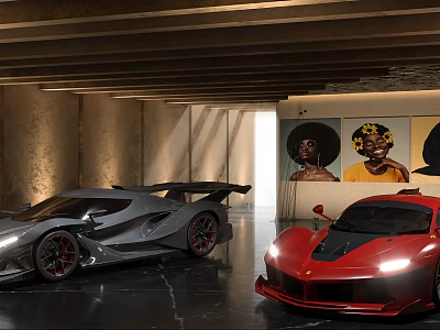 Parking Garage with Luxury Gray and Red Sports Cars Featuring Modern Lighting and Wall Portraits 3d model