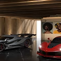 Parking Garage with Luxury Gray and Red Sports Cars Featuring Modern Lighting and Wall Portraits