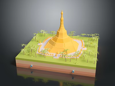 Yellow Pagoda 3D Model with Surrounding Palm Trees Green Base and Blue Spheres 3d model