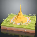 Yellow Pagoda 3D Model with Surrounding Palm Trees Green Base and Blue Spheres