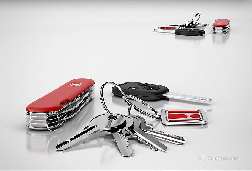 Silver Key Shaped Pendant With Red Black Decorative Jewelry Keychain Accessories 3d model 