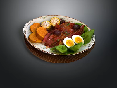 Delicious Grilled Meat Plate With Boiled Eggs Corn Sweet Potatoes And Leafy Greens 3d model