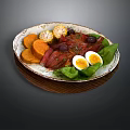 Delicious Grilled Meat Plate With Boiled Eggs Corn Sweet Potatoes And Leafy Greens