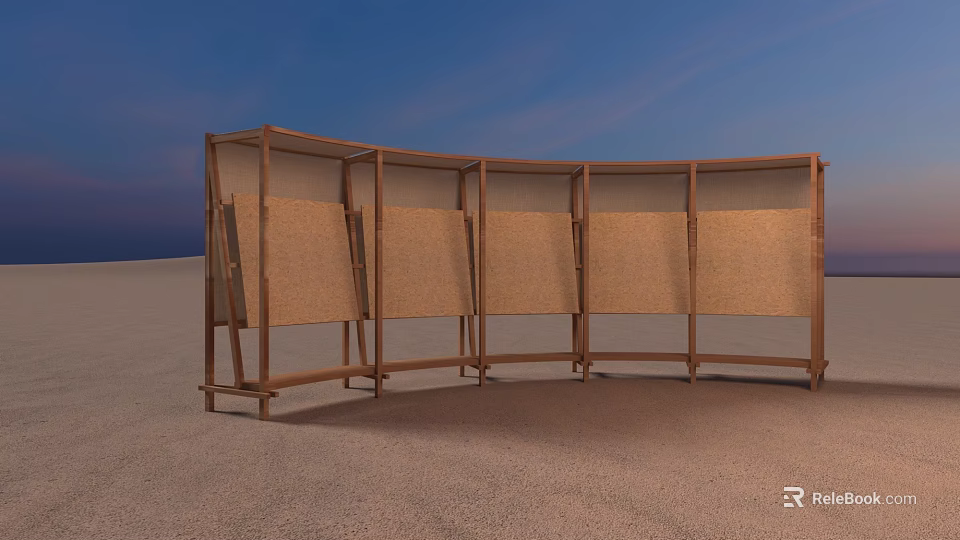 Wooden Room Divider With Multiple Panels In Desert Landscape Under Blue Sky 3d model 
