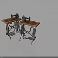 Two Vintage Sewing Machines With Wooden Tables Metal Frames Foot Pedals And Spools