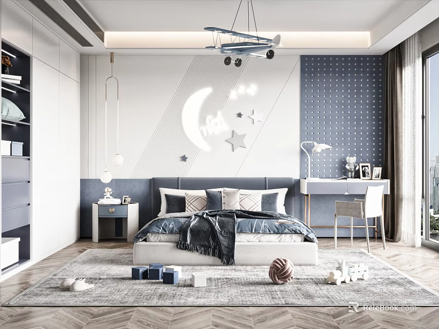 Modern Kids Room Interior Design With Moon Star Decor Airplane Model Desk Chair And Rug 3d model 