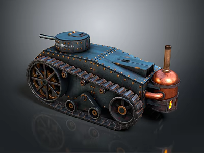 Vintage Steampunk Tank With Metal Tracks Copper Chimney And Riveted Details 3d model
