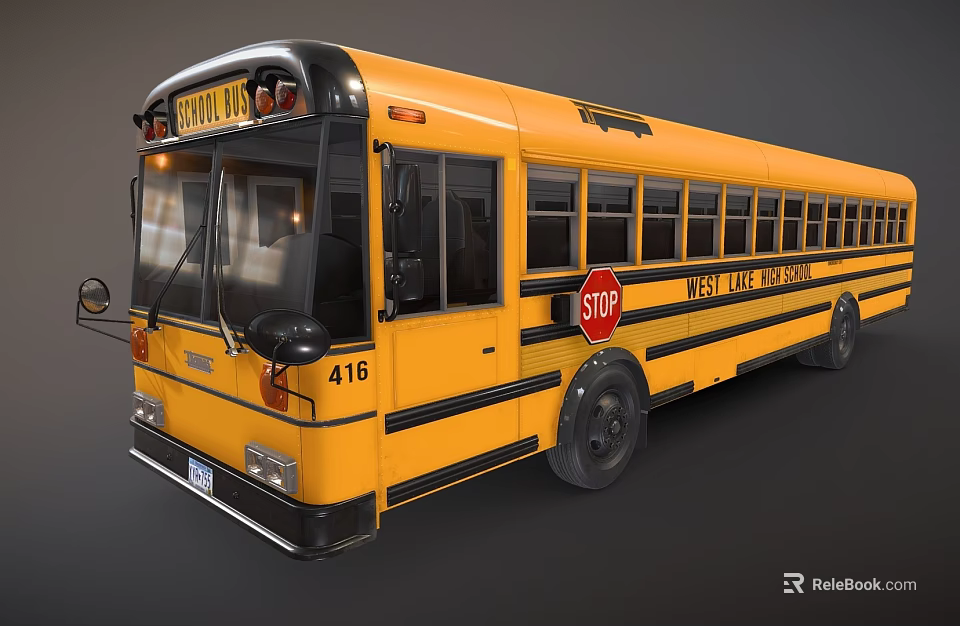 Yellow School Bus With Stop Sign Black Stripes Learning Path Text And Number 416 3d model 