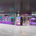 Modern Mall Interior With Purple Neon Lights Vending Machines And Shops Decoration