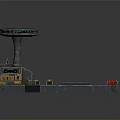 3D Model Scene With Green Platform Circular Tower Colored Blocks Brown Hut And White Markers