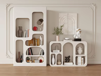 Stylish White Decorative Cabinets With Open Shelves Vases Books Plants And Decor In Modern Interior 3d model