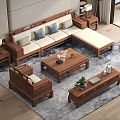 Chinese Wooden Sofa And Coffee Table Set With Side Tables Cushions Decorative Items And Rug