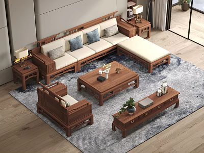Chinese Wooden Sofa And Coffee Table Set With Side Tables Cushions Decorative Items And Rug 3d model
