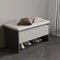 Storage Bench with Upholstered Seat Pillows Holding Shoes in Corner Wooden Floor Sheer Curtain