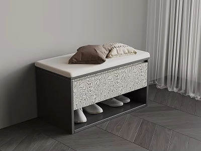 Storage Bench with Upholstered Seat Pillows Holding Shoes in Corner Wooden Floor Sheer Curtain 3d model