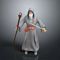 Hooded Wizard In Gray Robe With White Beard Holding Wooden Staff And Sword