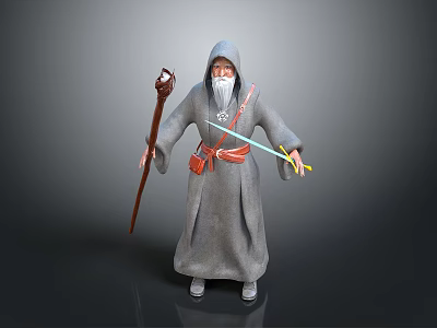 Hooded Wizard In Gray Robe With White Beard Holding Wooden Staff And Sword 3d model