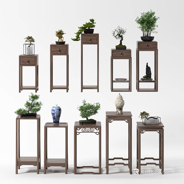 Traditional Chinese Style Flower Stands With Various Designs And Decorative Plants Vases 3d model 