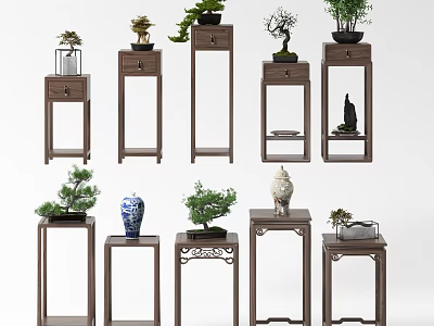 Traditional Chinese Style Flower Stands With Various Designs And Decorative Plants Vases 3d model